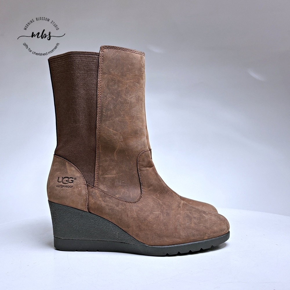 UGG Coraline Leather Wedge‎ Bootie Brown Women 7